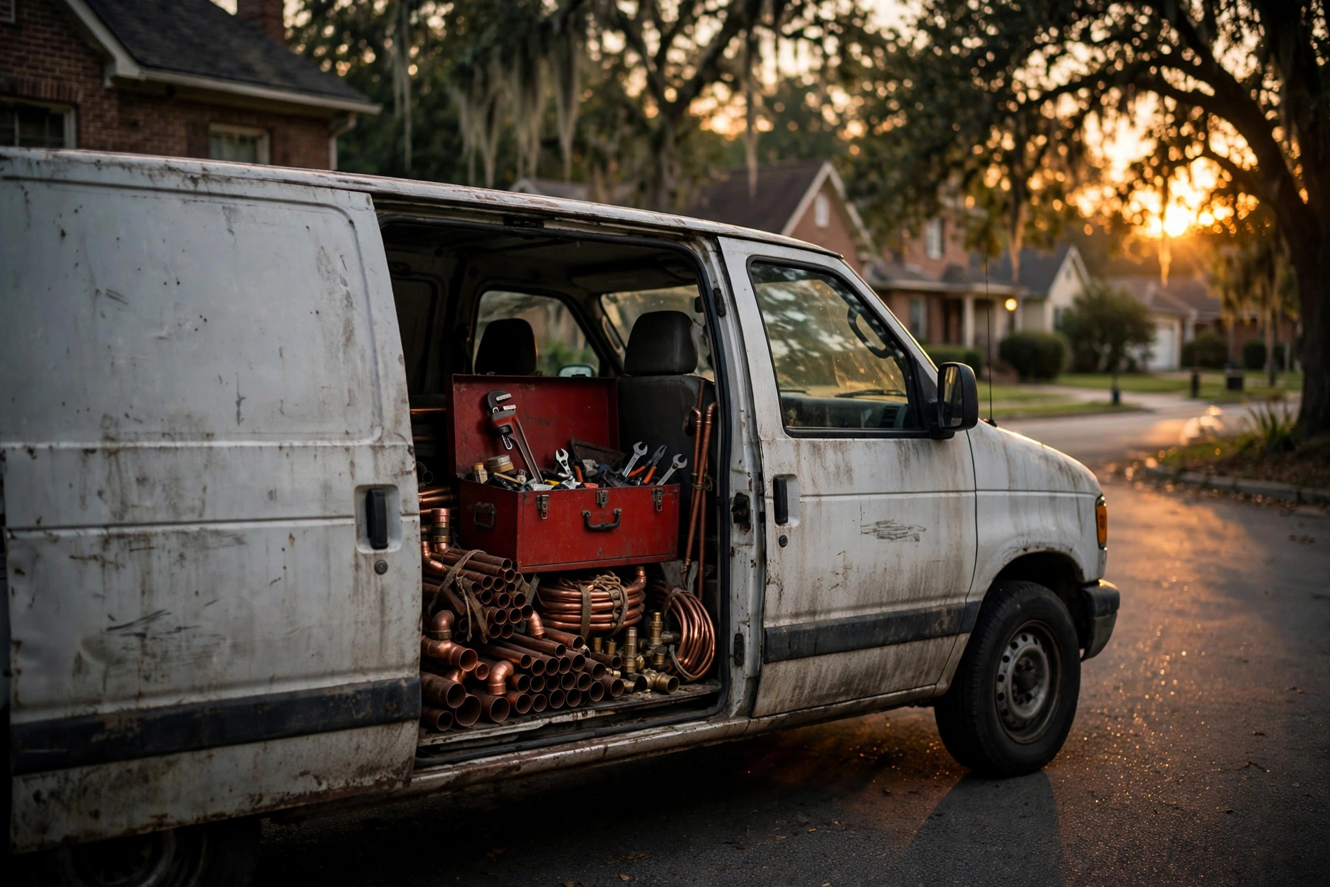 Plumber's work van on a Dallas street at golden hour