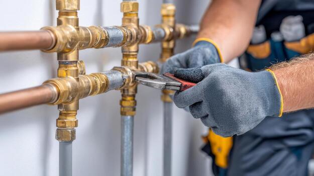 Technician tightening brass plumbing pipes