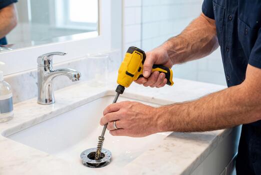 Plumber clearing a sink drain with a snake tool