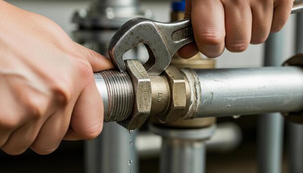 Hands tightening a pipe connection with a wrench