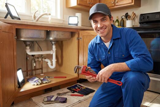 Plumber working at a kitchen sink