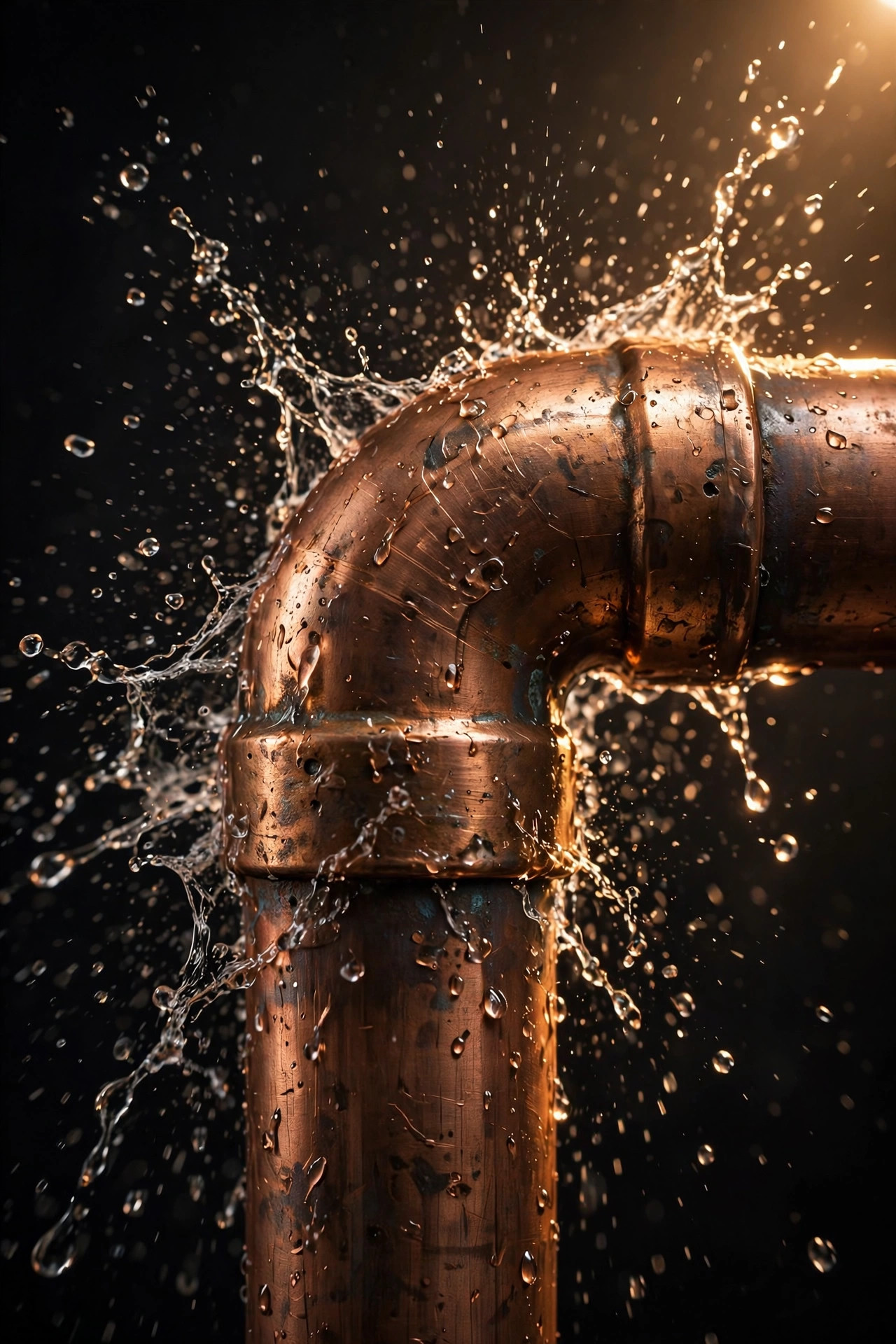 Water droplets on a copper pipe at night