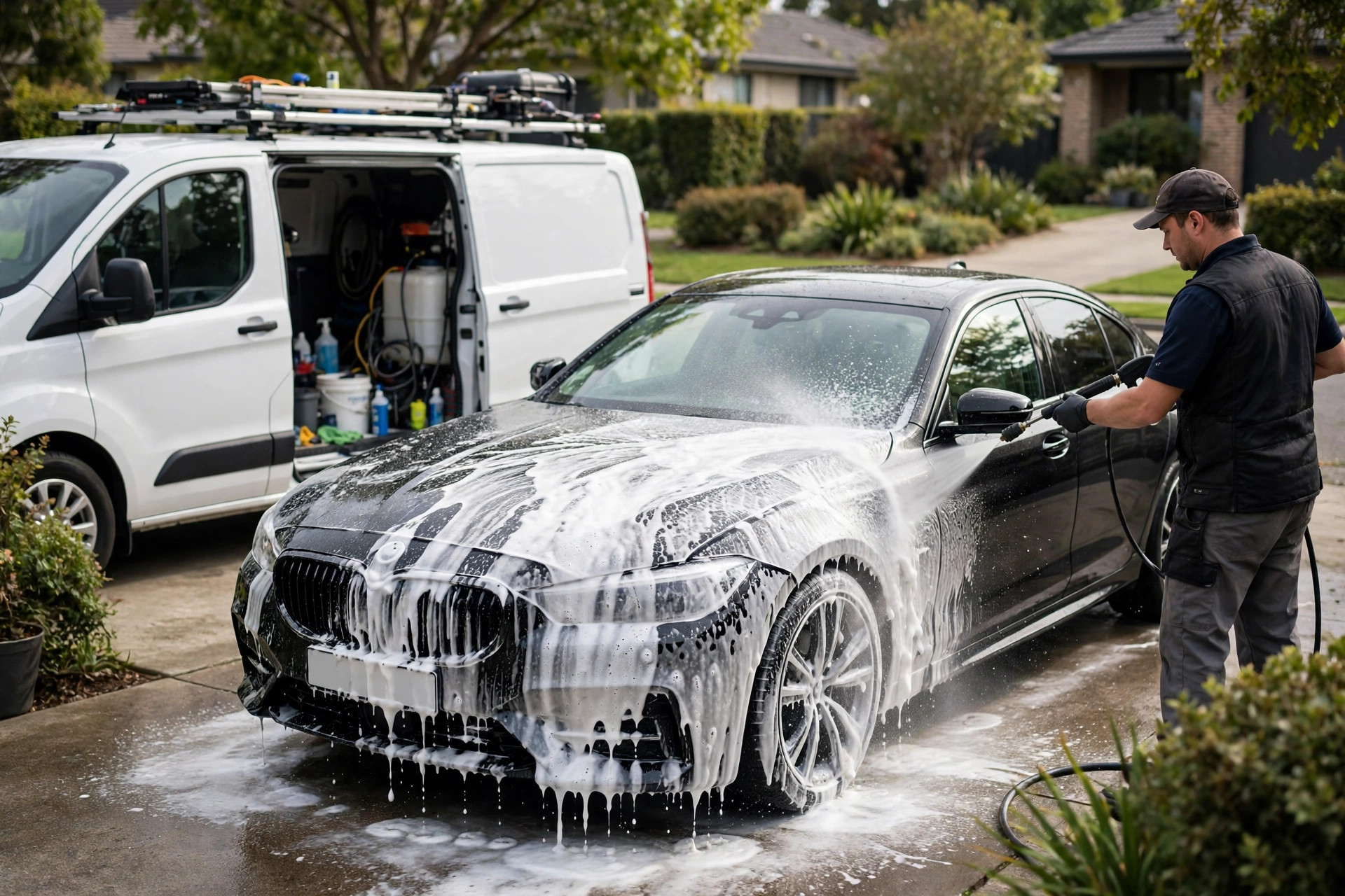 Mobile valeting van foam-washing a car in a Birmingham driveway