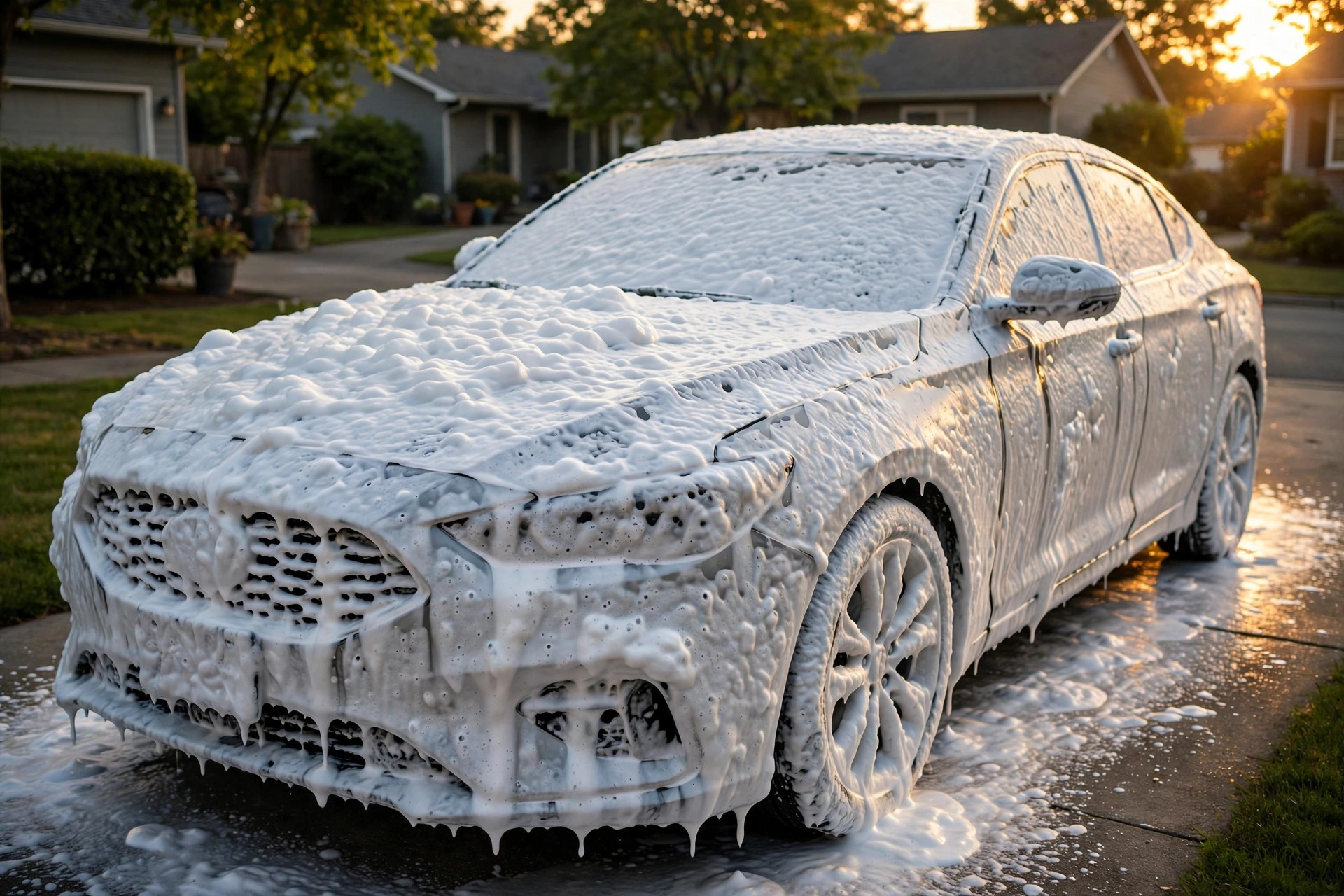 Car covered in snow foam at golden hour