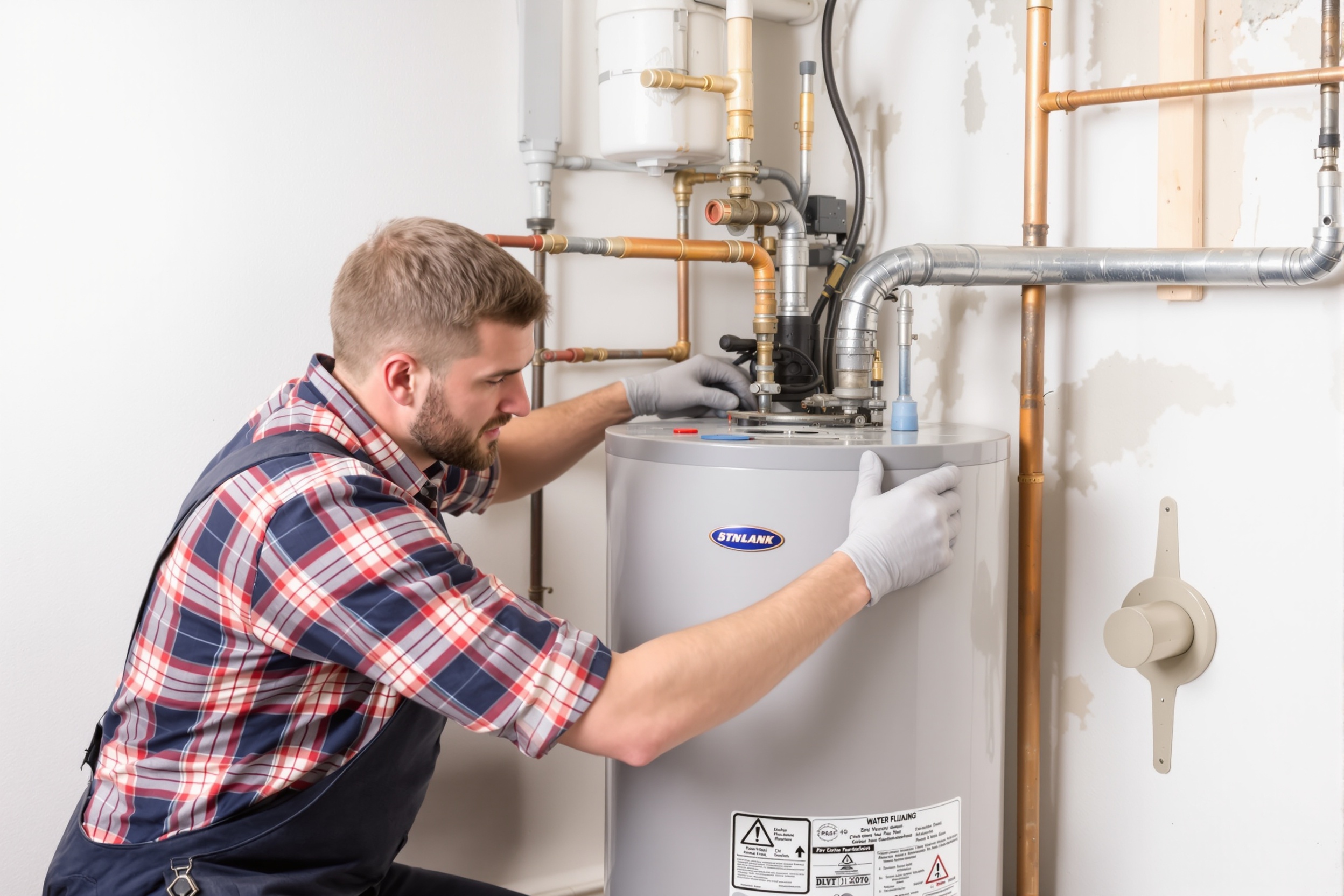 Technician servicing a water heater installation