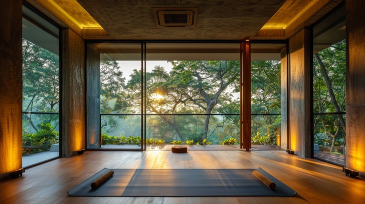 Quiet yoga studio interior with morning light