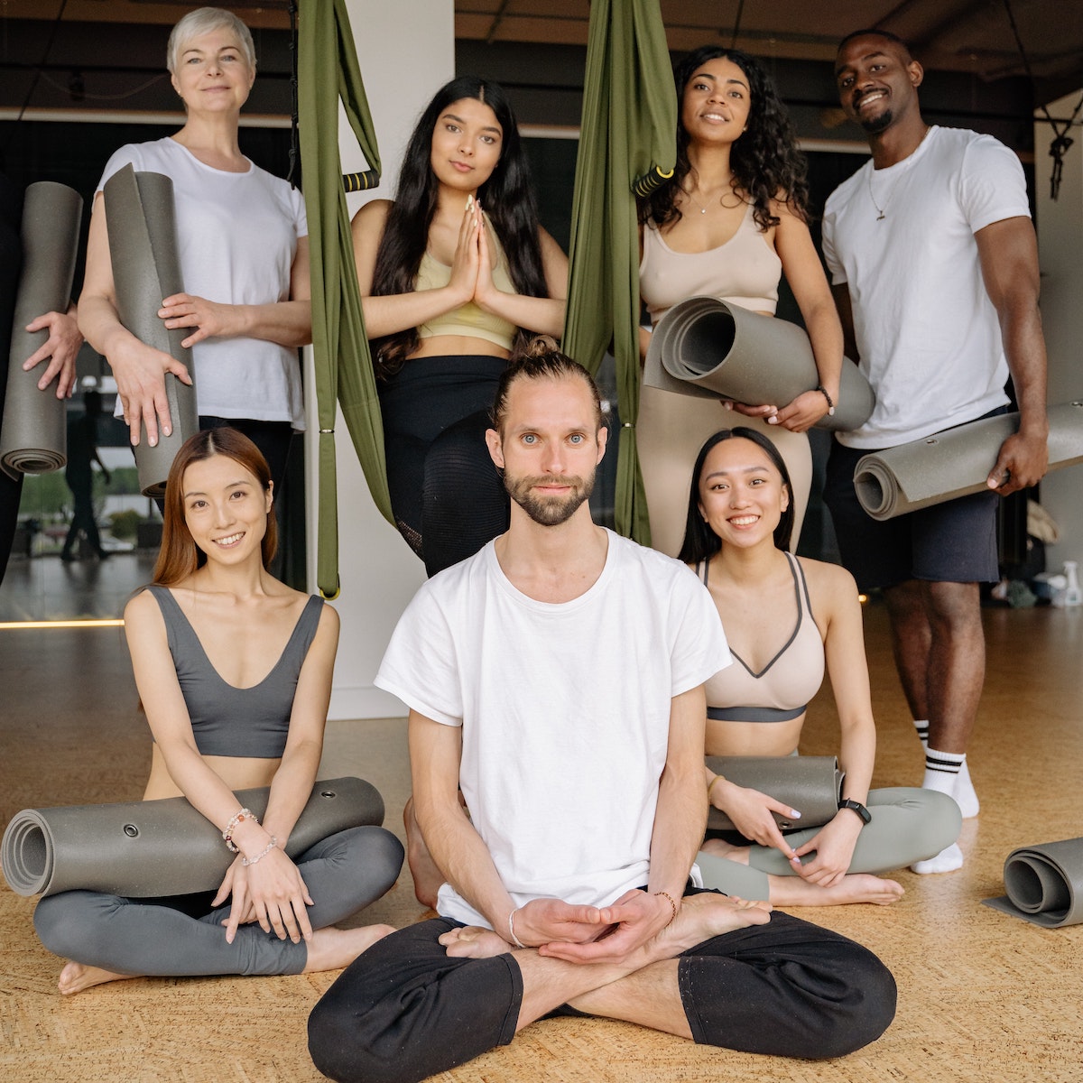 Small-group yoga class in the studio