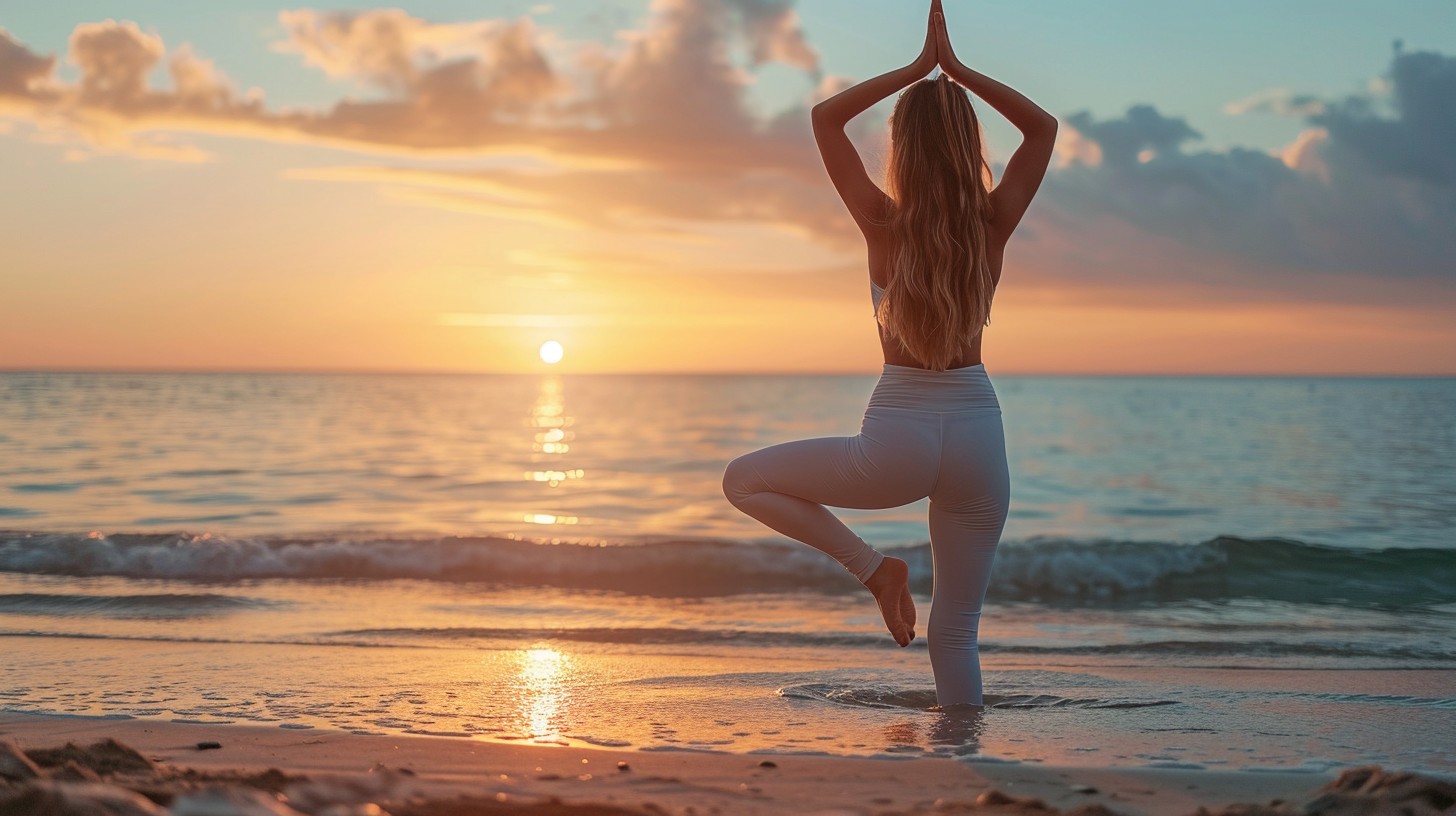 Sunrise yoga practice on a Miami beach