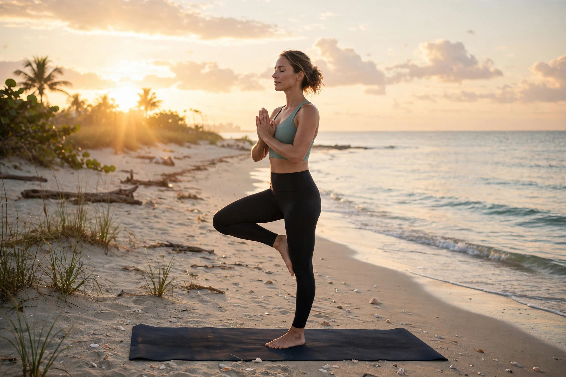 Woman practicing yoga at sunrise on a Miami beach