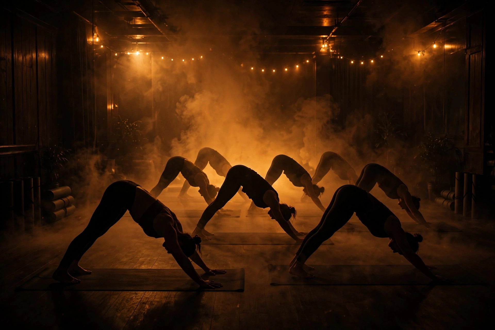 Heated evening class in amber light, students in downward dog