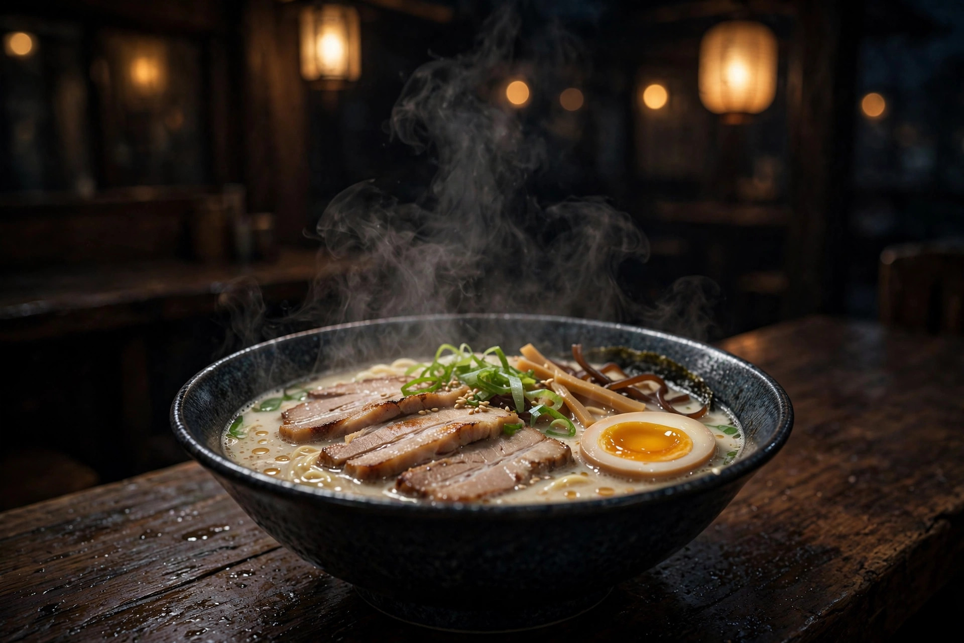 A steaming bowl of tonkotsu ramen on a dark wooden counter
