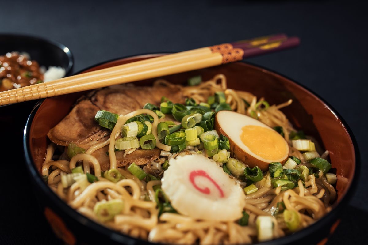 A bowl of tonkotsu ramen photographed from above
